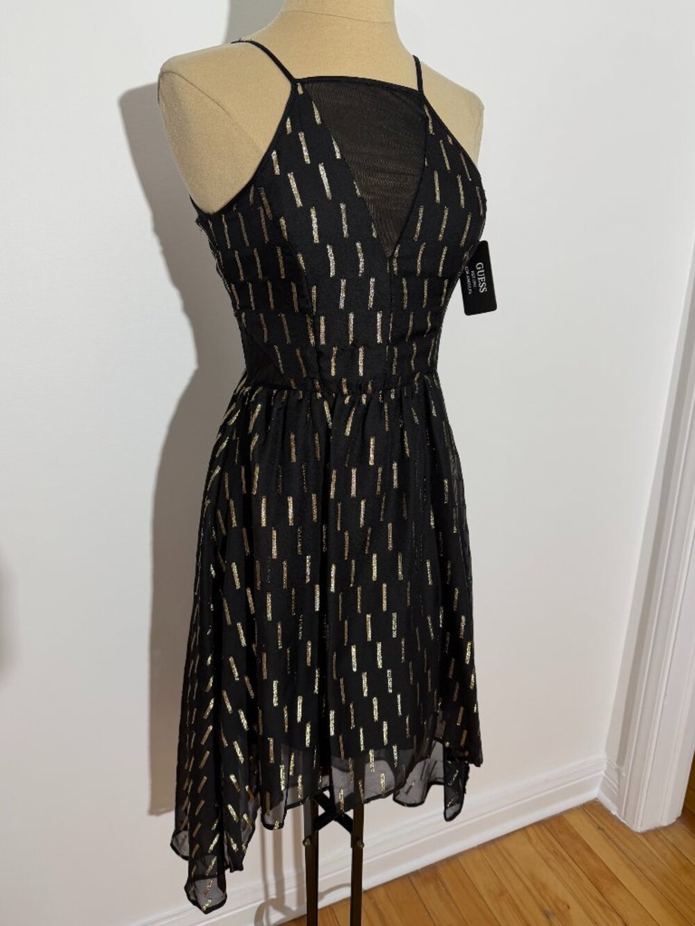 Guess Black Gold Foiled Taffeta High Low Halter Dress NWT